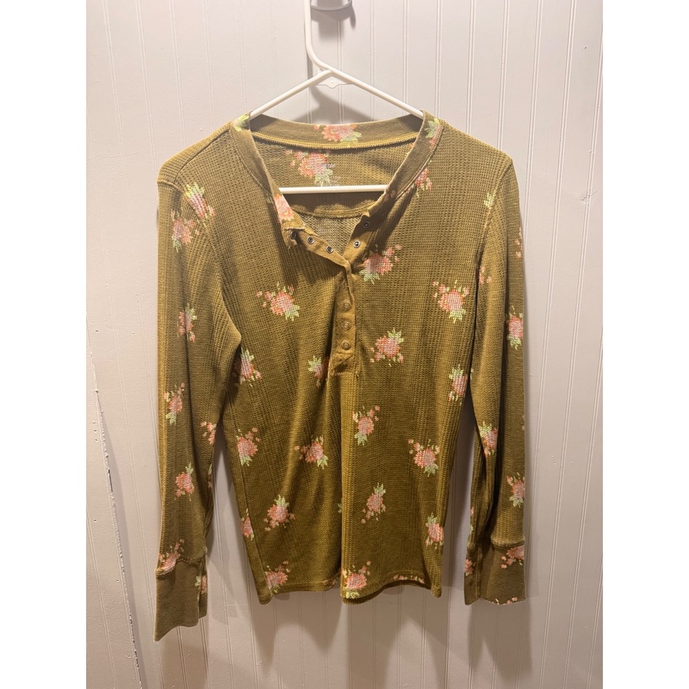 Aerie Olive Green Floral Waffle Knit Henley Long Sleeve Top Medium